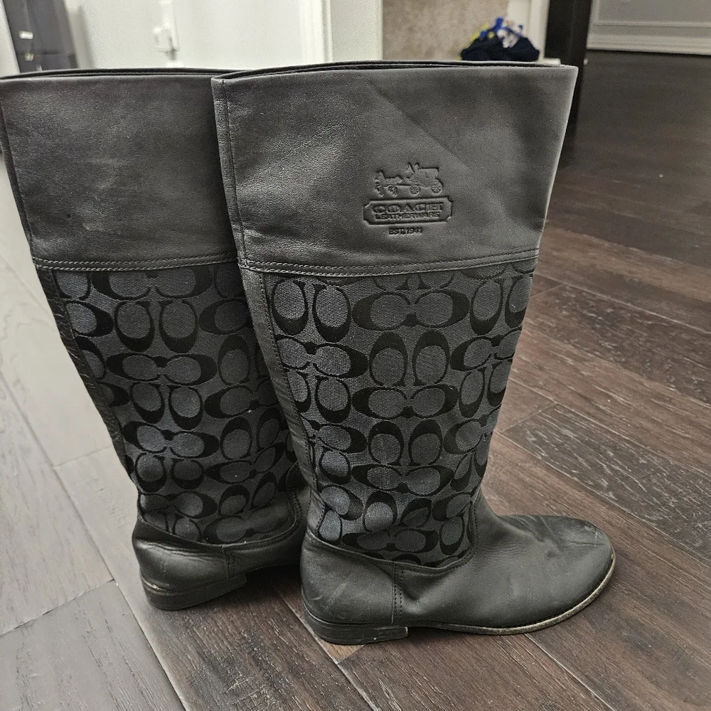 Coach Chrissi Signature black leather and fabric riding boots size 7.5 B - Picture 7 of 11